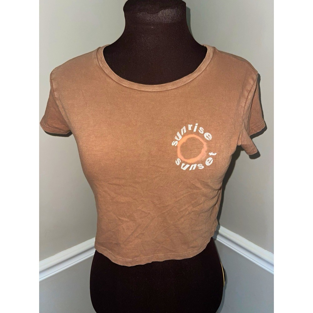 Aerie Brown Sunrise Sunset Graphic Cropped Crew Neck T-Shirt Womens S
